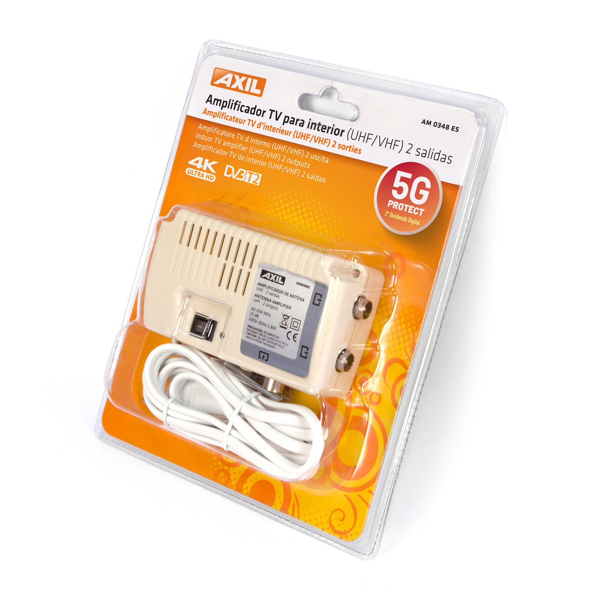 Amplificador TV para interior (UHF/VHF) 2 salidas AM0348E5 con filtro 5G PROTECT
