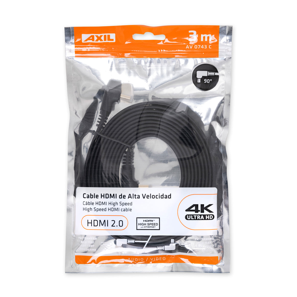 Cable HDMI tipo A acodado de alta definición AV0743C (macho-macho) de 3 m